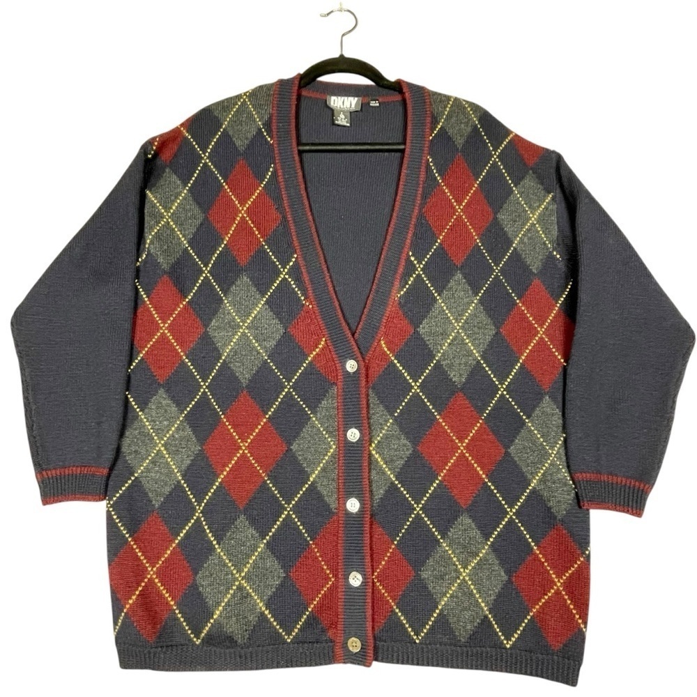 DKNY Wool Argyle Preppy Collegiate Grandmacore Relaxed Cardigan Sweater *